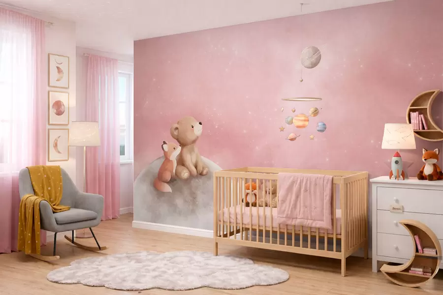 Fototapet Pastellillustration av en björn och en räv mot en rosa himmel med månen w05431v2