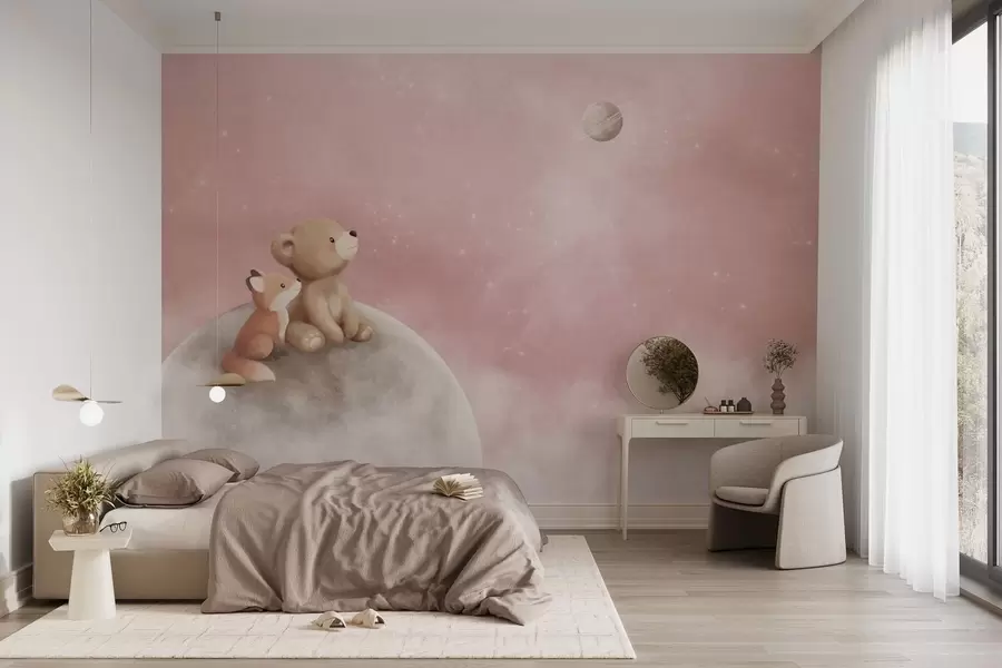 Fototapet Pastellillustration av en björn och en räv mot en rosa himmel med månen w05431v2