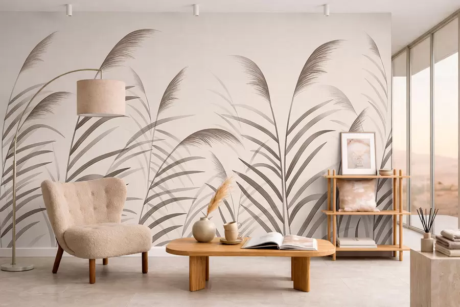 Fototapet Minimalistiska silhuetter av vass i beige nyanser w05432
