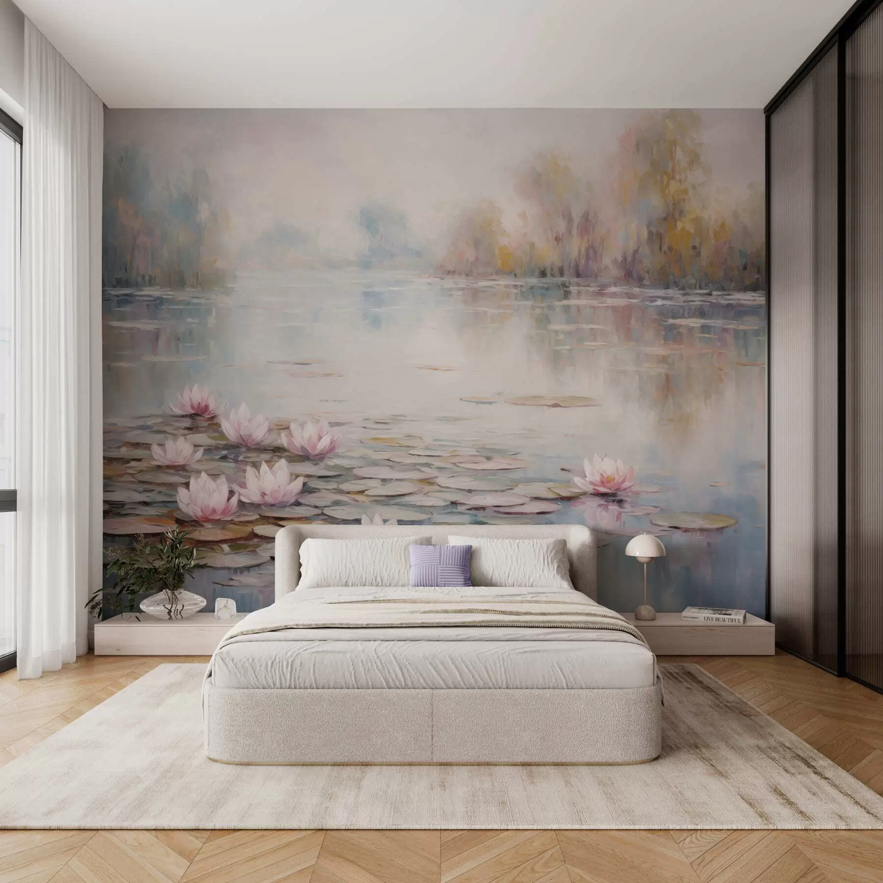 Fototapet Impressionistisk sjö med näckrosor och mjukt ljus w05515