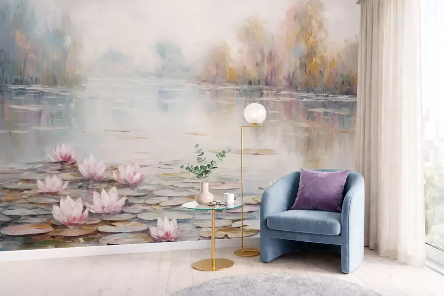 Fototapet Impressionistisk sjö med näckrosor och mjukt ljus w05515