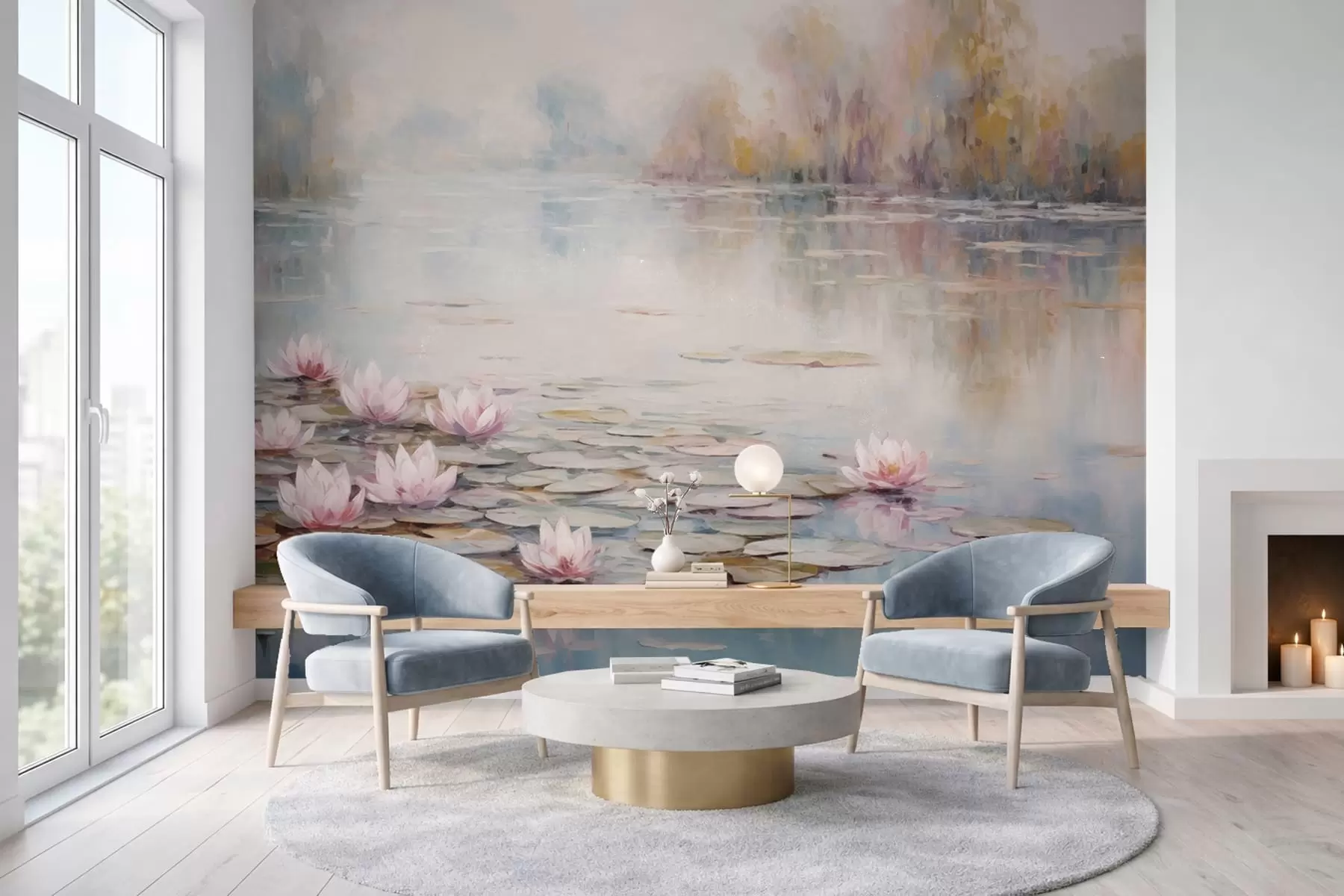 Fototapet Impressionistisk sjö med näckrosor och mjukt ljus w05515