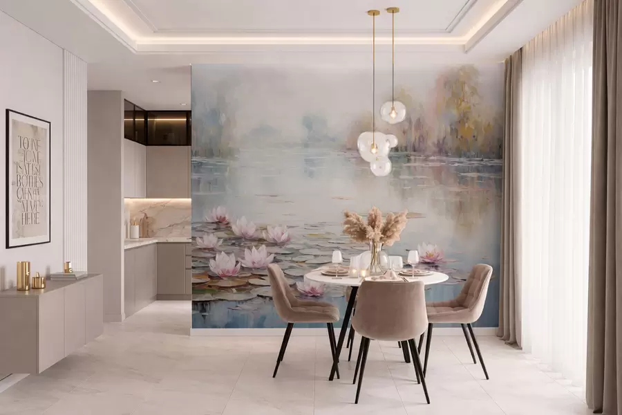 Fototapet Impressionistisk sjö med näckrosor och mjukt ljus w05515