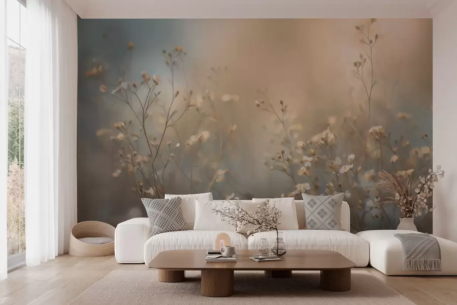 Fototapet ängsgräs med små blommor mot ett kort skärpedjup w05386