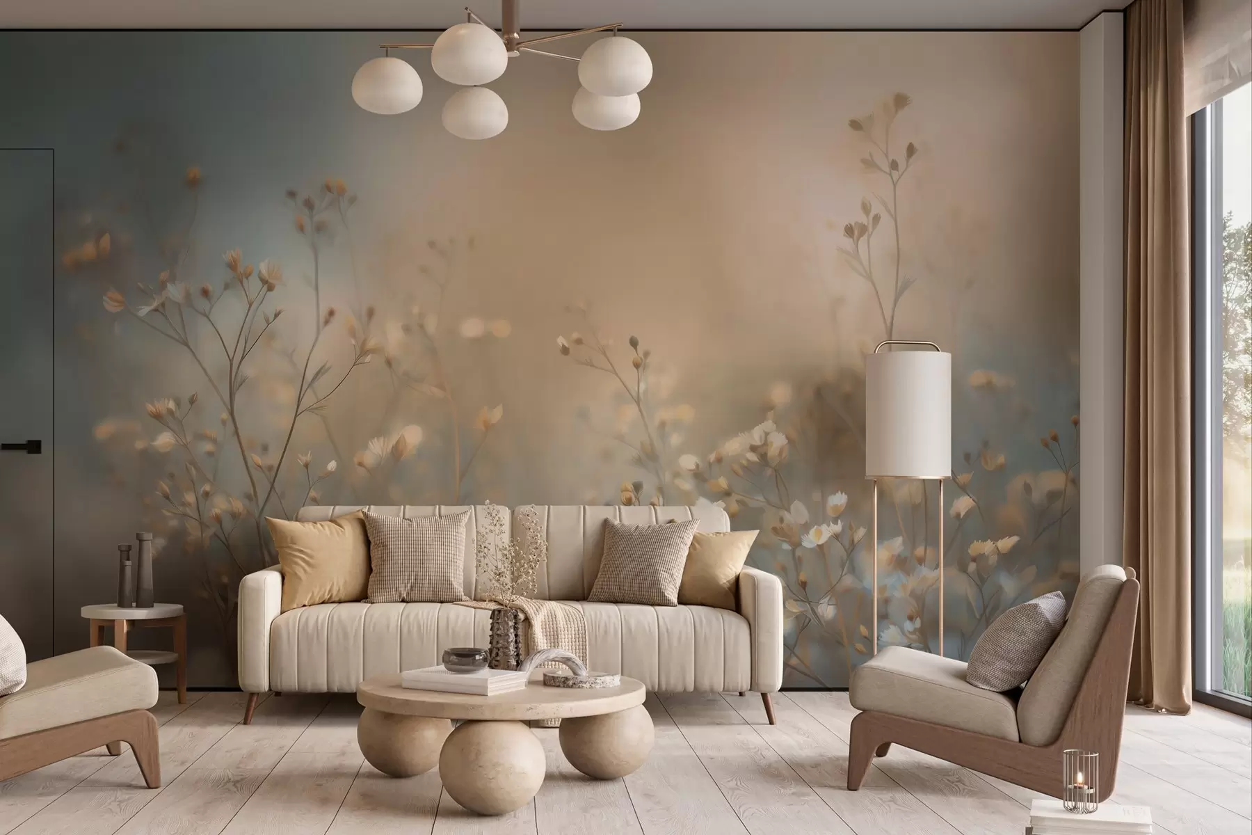 Fototapet ängsgräs med små blommor mot ett kort skärpedjup w05386