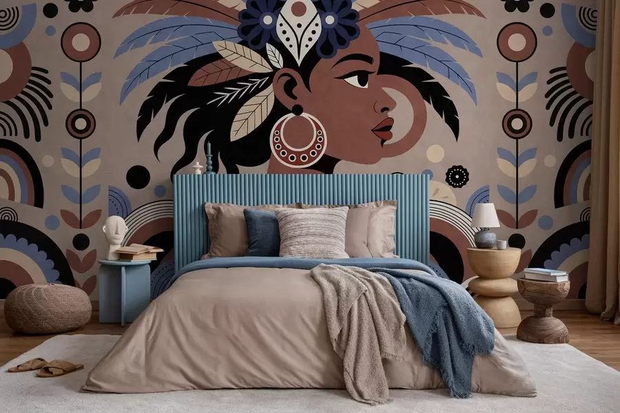 Fototapet en elegant design med afrikanska influenser i nyanser av blått och chokladbrunt w05389