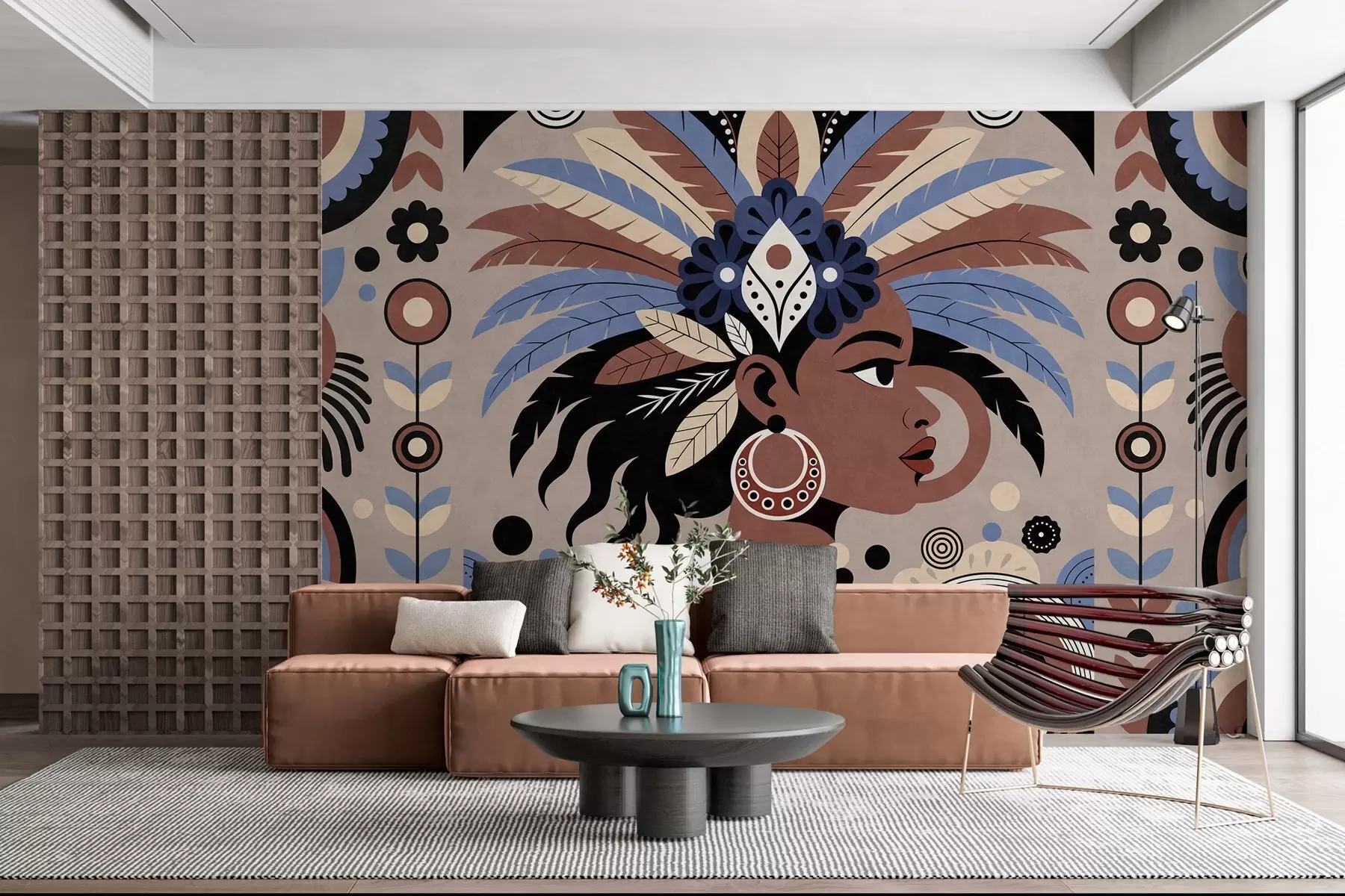 Fototapet en elegant design med afrikanska influenser i nyanser av blått och chokladbrunt w05389