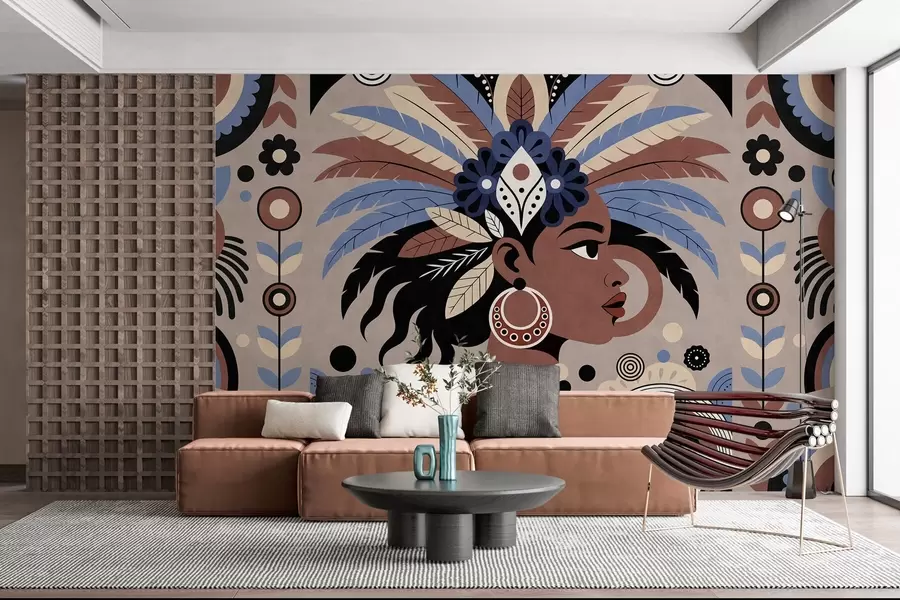 Fototapet en elegant design med afrikanska influenser i nyanser av blått och chokladbrunt w05389