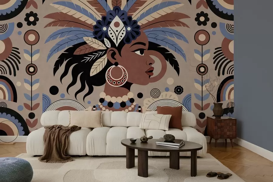Fototapet en elegant design med afrikanska influenser i nyanser av blått och chokladbrunt w05389
