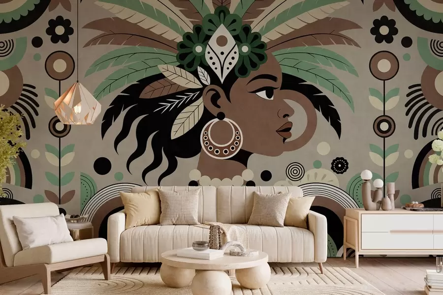 Fototapet en elegant design med afrikanska influenser i nyanser av grönt, brunt och beige w05389v1