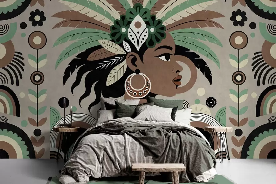Fototapet en elegant design med afrikanska influenser i nyanser av grönt, brunt och beige w05389v1