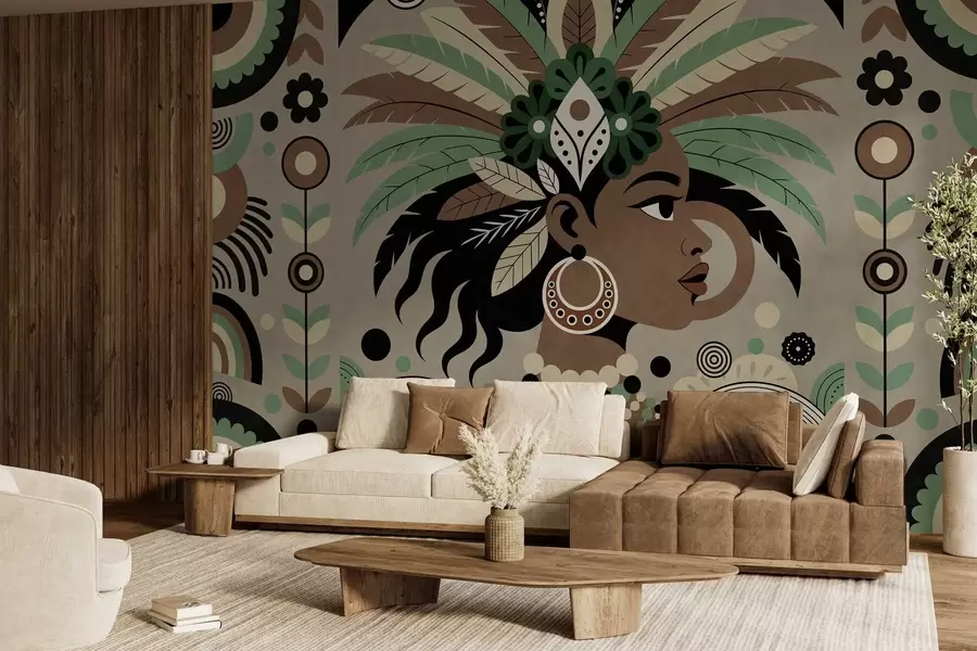 Fototapet en elegant design med afrikanska influenser i nyanser av grönt, brunt och beige w05389v1