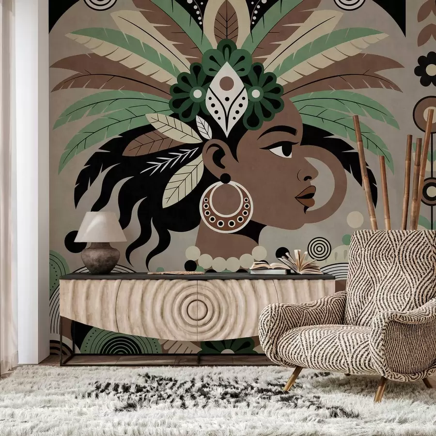 Fototapet en elegant design med afrikanska influenser i nyanser av grönt, brunt och beige w05389v1