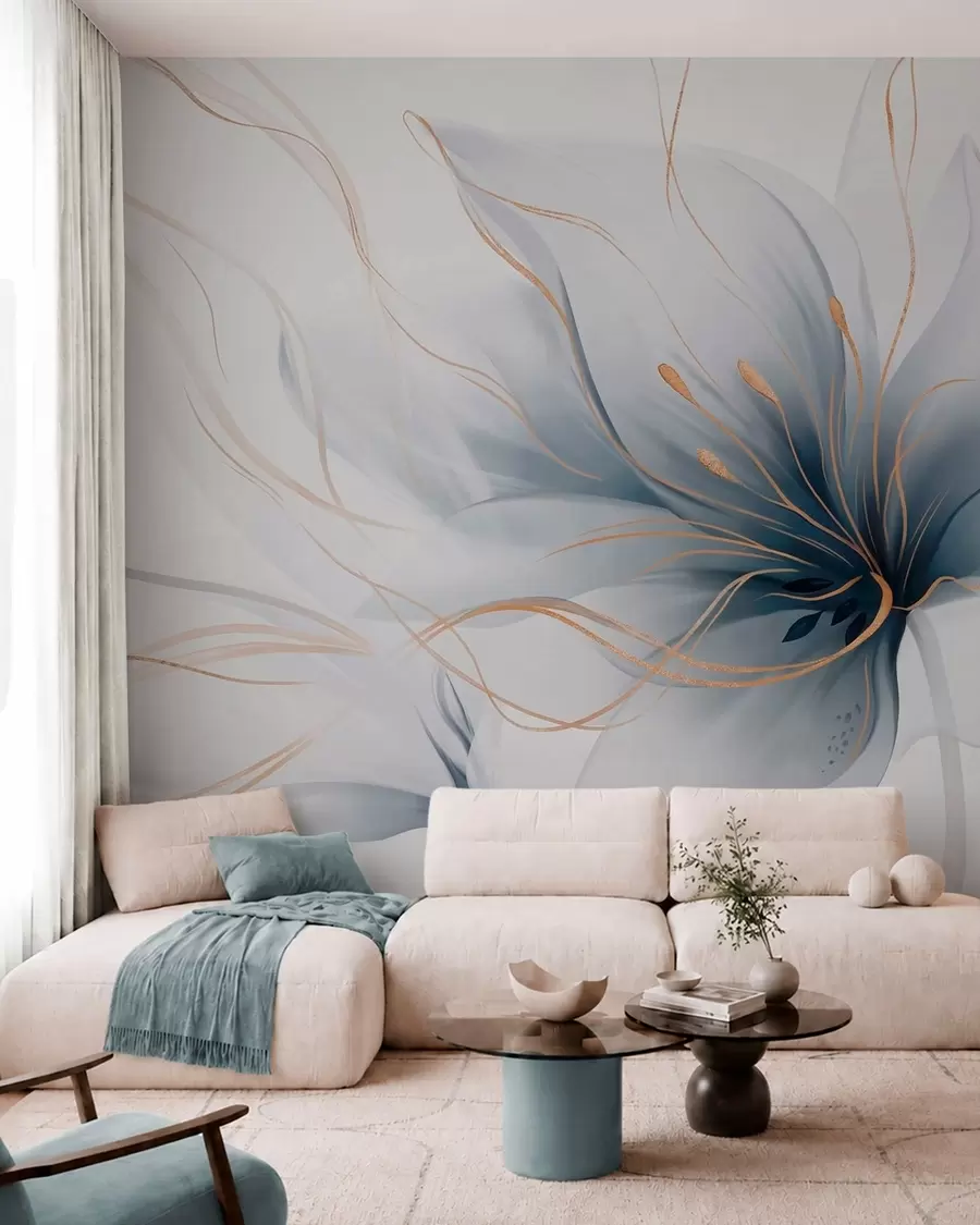 Fototapet En abstrakt blå blomma med böljande linjer i Fluid Art-stil w05428