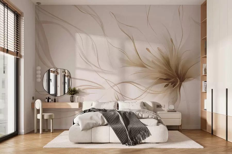 Fototapet En abstrakt beige blomma med böljande linjer i Fluid Art-stil w05428v2