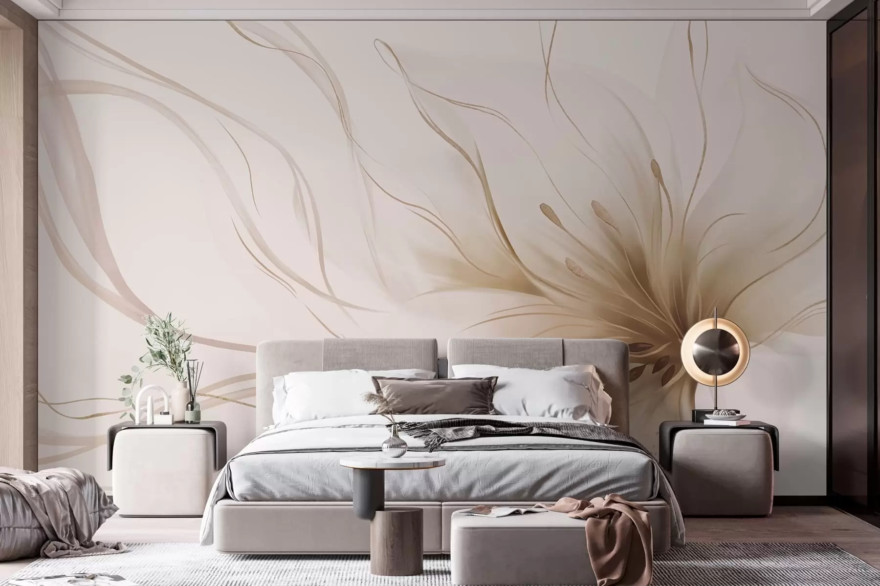 Fototapet En abstrakt beige blomma med böljande linjer i Fluid Art-stil w05428v2