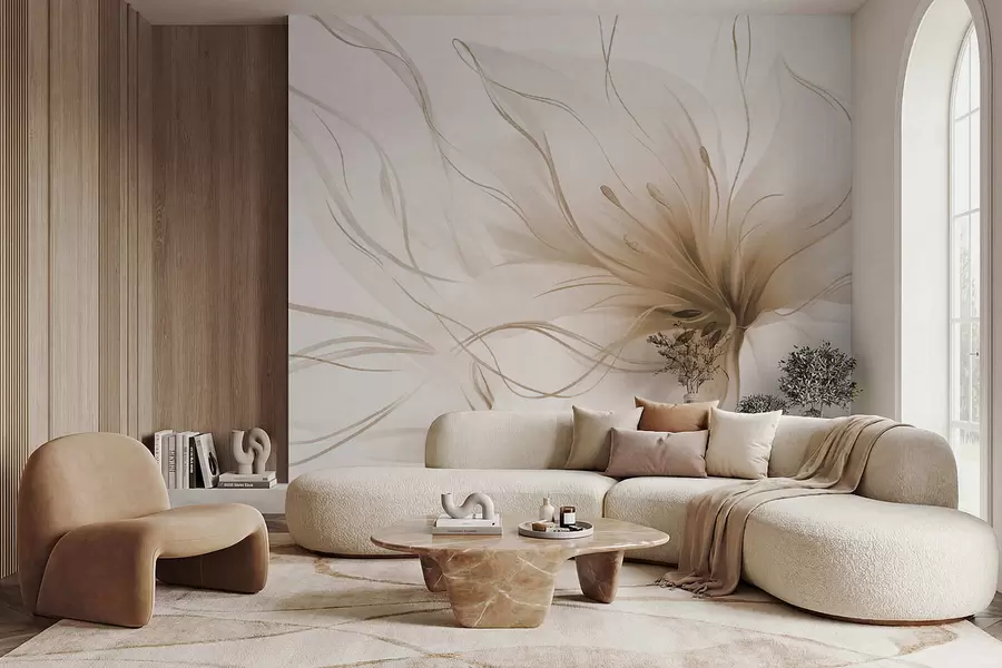 Fototapet En abstrakt beige blomma med böljande linjer i Fluid Art-stil w05428v2
