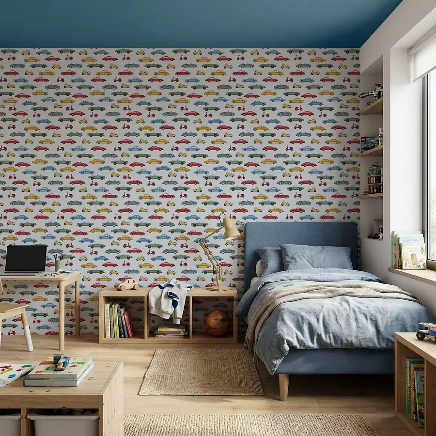 Fototapet Retrobilar och skotrar mot blå bakgrund a01172v2