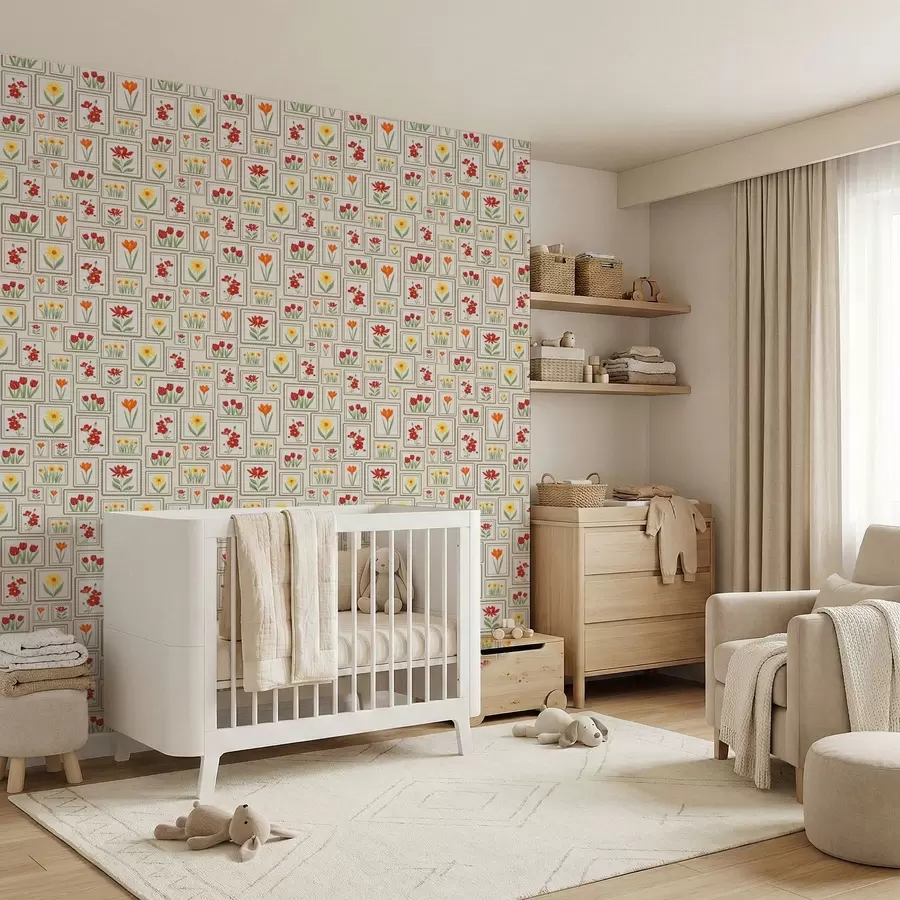 Fototapet Inramade blomsterillustrationer i varma färger a01173