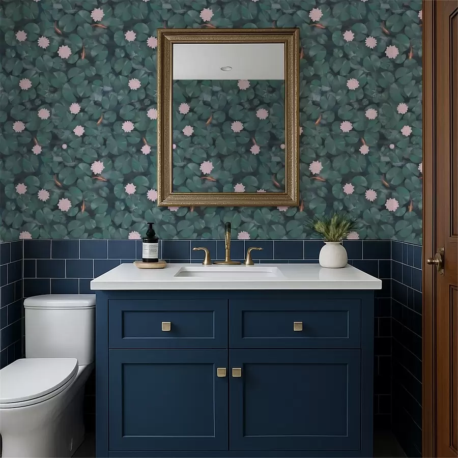 Fototapet Näckrosor med blommor och fiskar på mörk bakgrund a01177