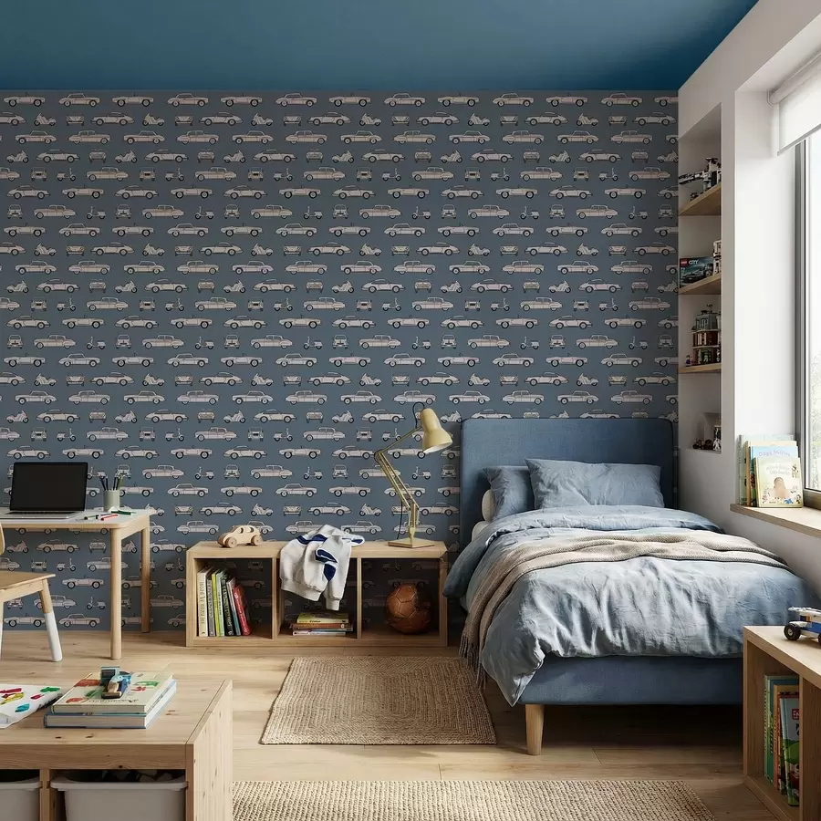 Fototapet Retrobilar och skotrar mot blå bakgrund a01178