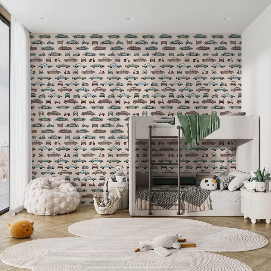 Fototapet Retrobilar och skotrar mot en beige bakgrund a01178v1