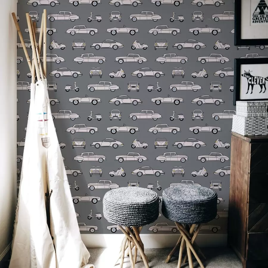 Fototapet Retrobilar och skotrar mot mörk bakgrund a01178v3