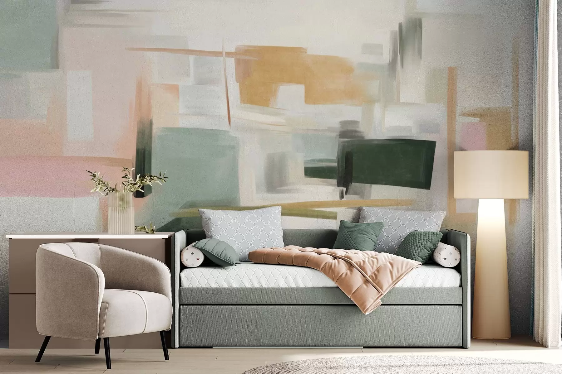 Fototapet En abstrakt, minimalistisk målningsstil med mjuka pastellfärger, geometriska former och linjer w09828