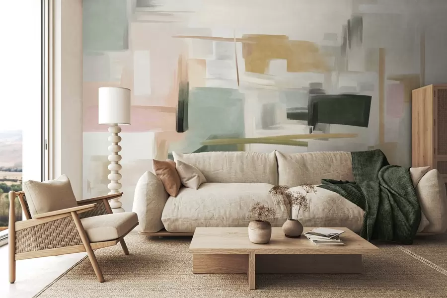 Fototapet En abstrakt, minimalistisk målningsstil med mjuka pastellfärger, geometriska former och linjer w09828