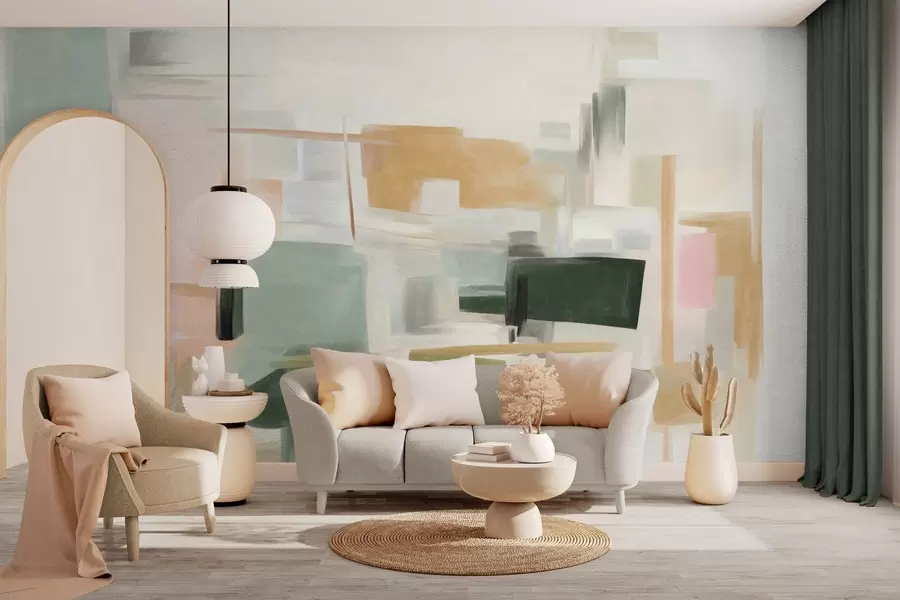 Fototapet En abstrakt, minimalistisk målningsstil med mjuka pastellfärger, geometriska former och linjer w09828