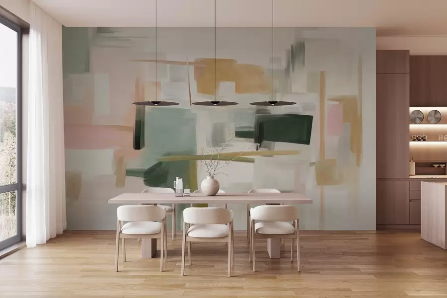 Fototapet En abstrakt, minimalistisk målningsstil med mjuka pastellfärger, geometriska former och linjer w09828