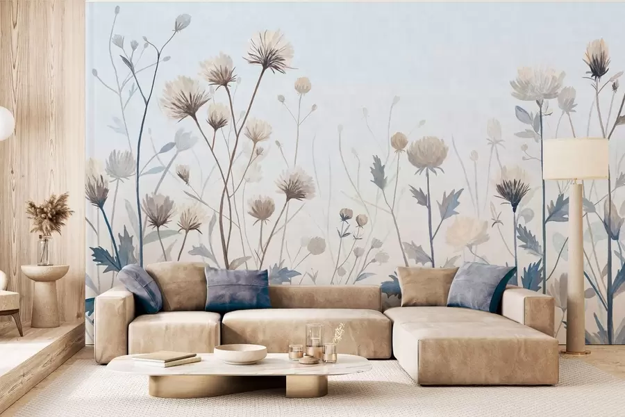 Fototapet Vilda fältgräs och blommor målade i landskapsstil mot en ljus bakgrund w05563