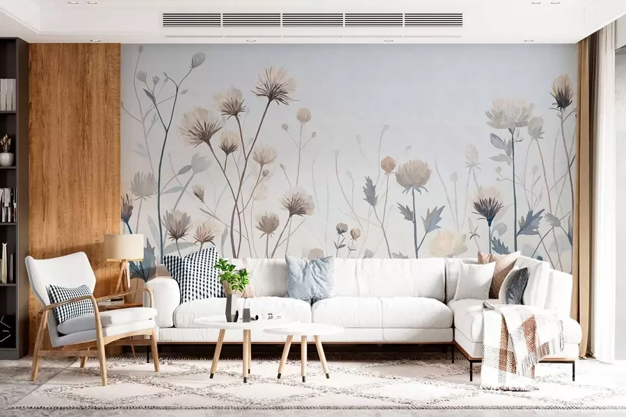 Fototapet Vilda fältgräs och blommor målade i landskapsstil mot en ljus bakgrund w05563