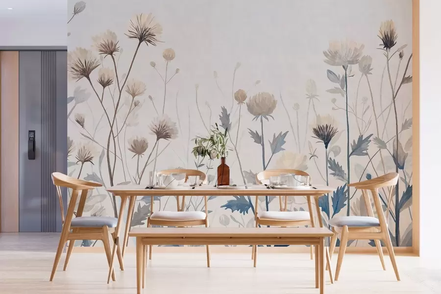 Fototapet Vilda fältgräs och blommor målade i landskapsstil mot en ljus bakgrund w05563