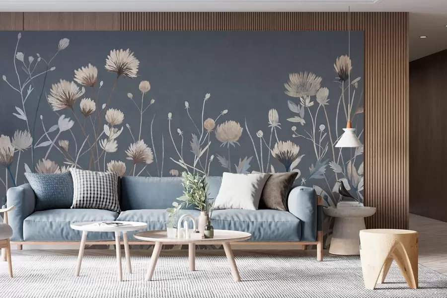 Fototapet Vilda vildblommor och gräs återgivna i en målerisk stil mot en mörkblå bakgrund w05563v1