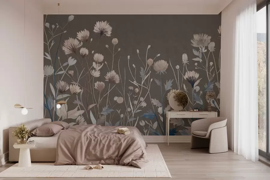 Fototapet Vilda fältgräs och blommor avbildade i en målerisk stil mot en gråbrun bakgrund w05563v2
