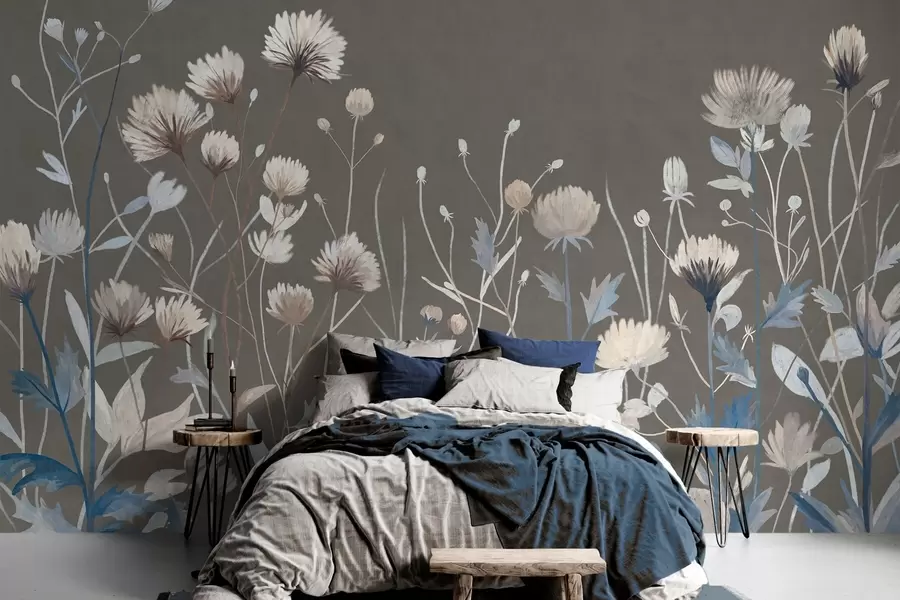 Fototapet Vilda fältgräs och blommor avbildade i en målerisk stil mot en gråbrun bakgrund w05563v2