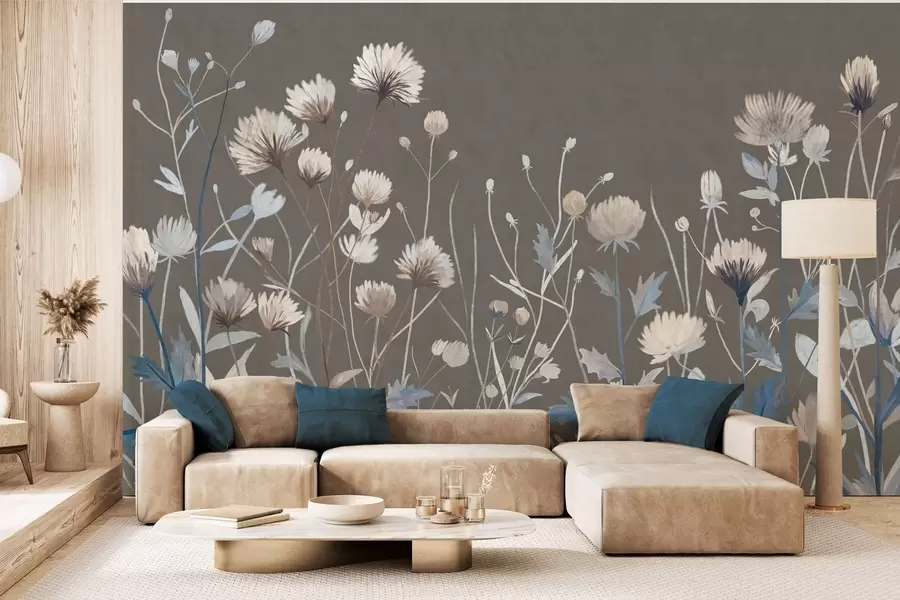 Fototapet Vilda fältgräs och blommor avbildade i en målerisk stil mot en gråbrun bakgrund w05563v2