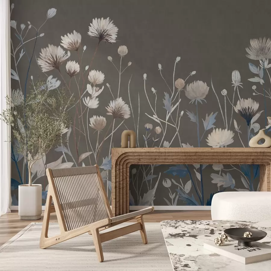 Fototapet Vilda fältgräs och blommor avbildade i en målerisk stil mot en gråbrun bakgrund w05563v2