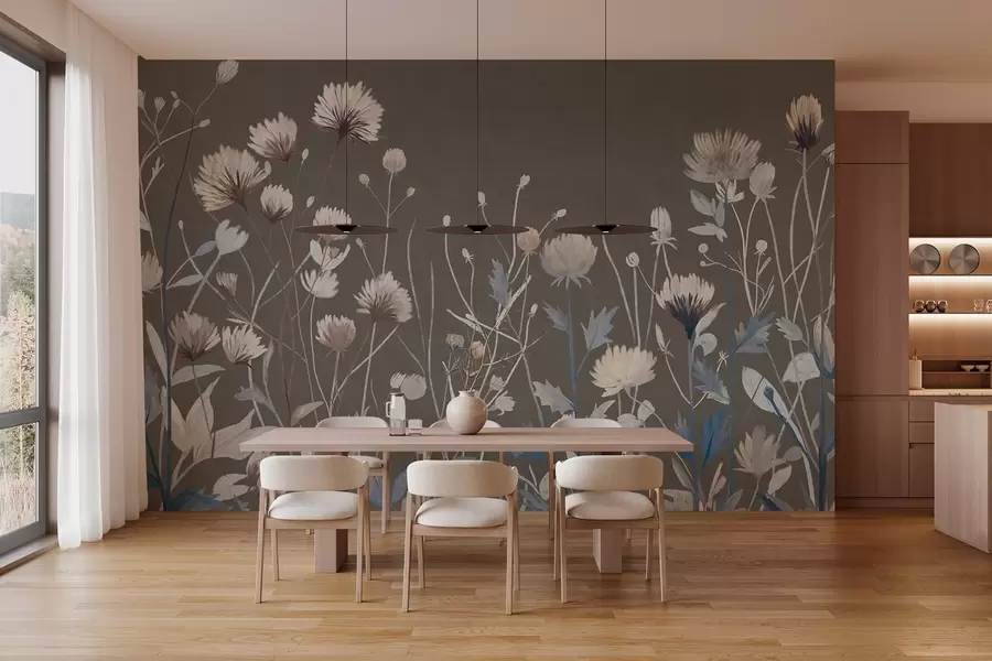 Fototapet Vilda fältgräs och blommor avbildade i en målerisk stil mot en gråbrun bakgrund w05563v2