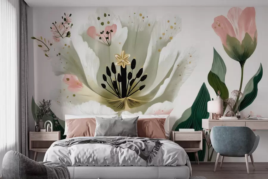 Fototapet En blomma med gröna blad och mjukrosa inslag i akvarellstil w09836