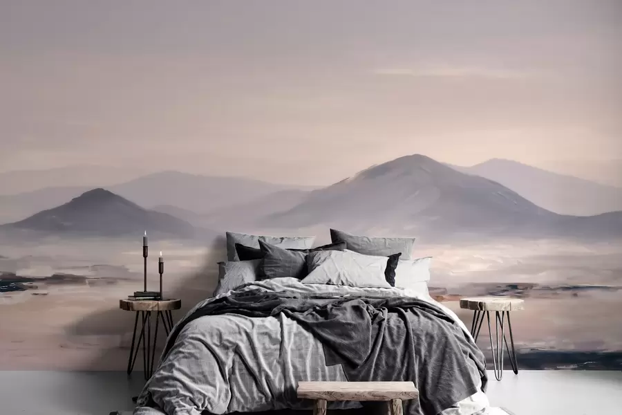 Fototapet Ett dimmigt bergslandskap med mjuka övergångar mellan ljus och luft, med en maskliknande effekt w09844