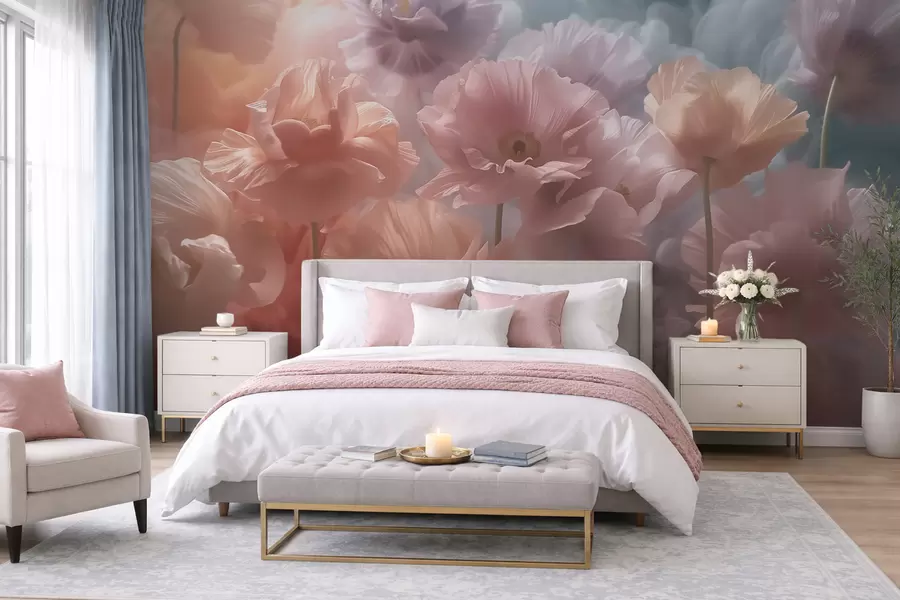 Fototapet Luftiga blommor med genomskinliga kronblad i det mjuka morgonljuset w09847