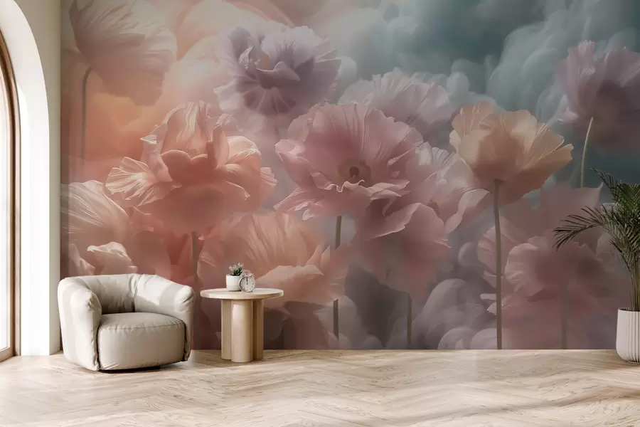 Fototapet Luftiga blommor med genomskinliga kronblad i det mjuka morgonljuset w09847
