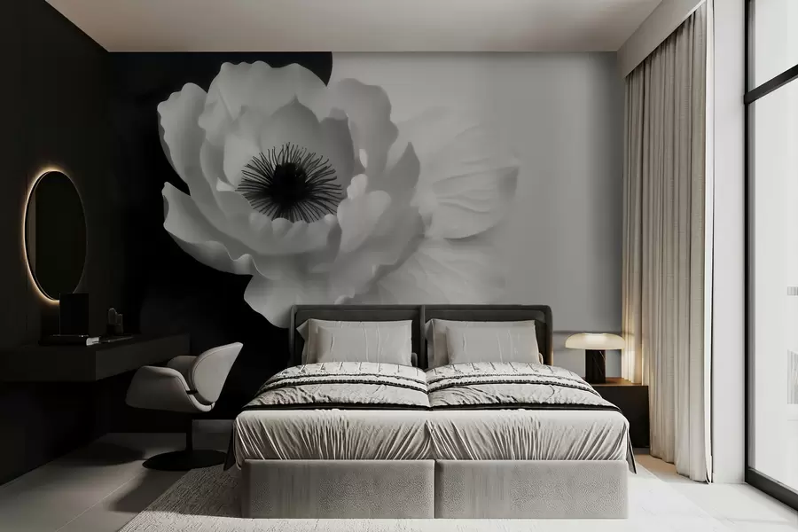 Fototapet En kontrastrik vit blomma med mörk mitt på en svartvit bakgrund w09852