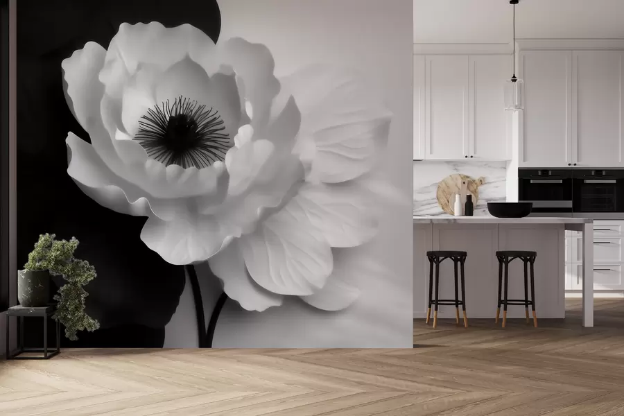 Fototapet En kontrastrik vit blomma med mörk mitt på en svartvit bakgrund w09852