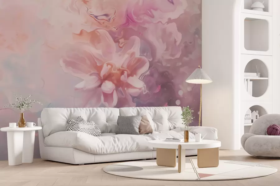Fototapet En abstrakt komposition med en blomma och mjuka rosa toner i akvarellstil w09859