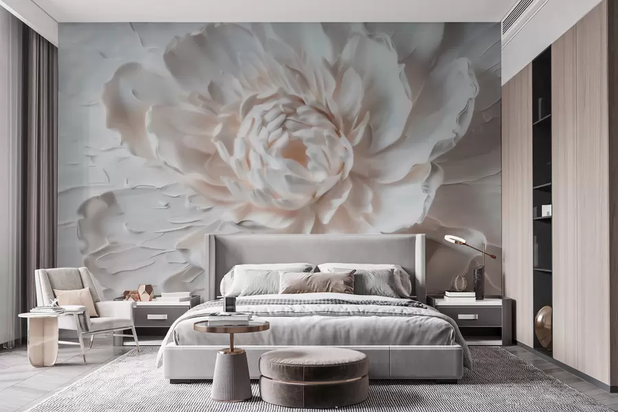 Fototapet En fin blomma i basrelief med släta kronblad i ljusa nyanser w09861