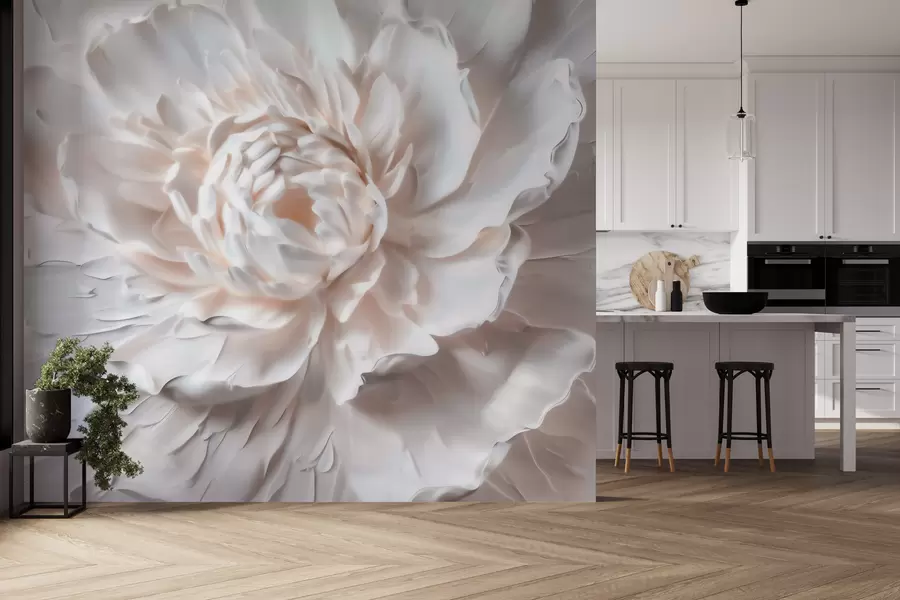 Fototapet En fin blomma i basrelief med släta kronblad i ljusa nyanser w09861