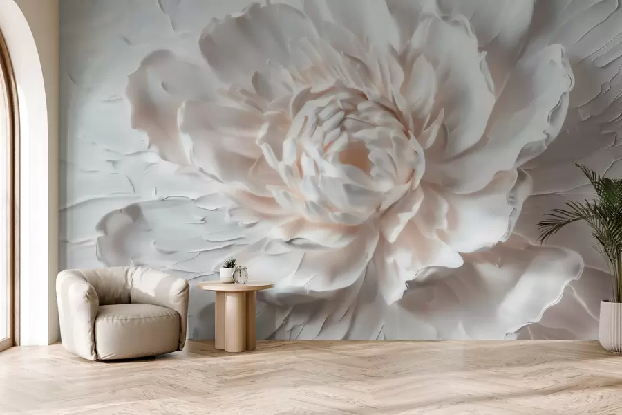 Fototapet En fin blomma i basrelief med släta kronblad i ljusa nyanser w09861